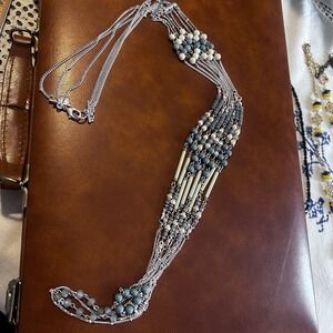 Talbots Silver Tone Long Multi Strand Necklace Blue White Beads Tubes Boho 21in